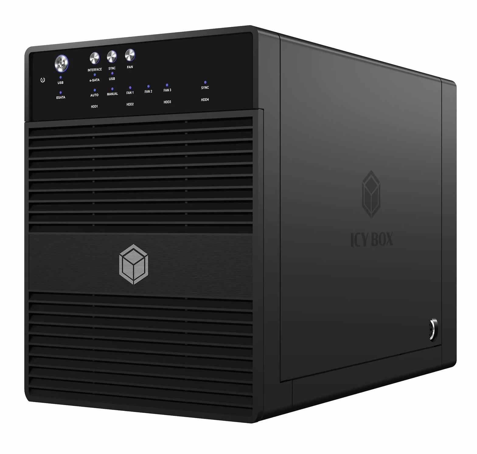 ICY BOX 4-fach Externes Festplattengehäuse für 3,5 Zoll SATA I,II,III Festplatten, USB 3.0 (UASP) & eSATA Anschluss, 80 mm Smart-Lüfter, JBOD (Single Modus), Standby, schwarz