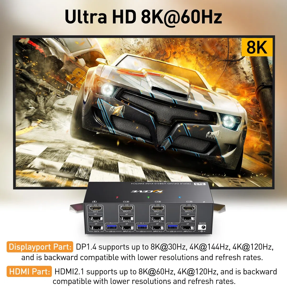 KVM Switch 3 Monitore 3 PC, Displayport HDMI USB 3.0 KVM-Umschalter Dreifachanzeige, unterstützt 4K@60 Hz für 3 Computer