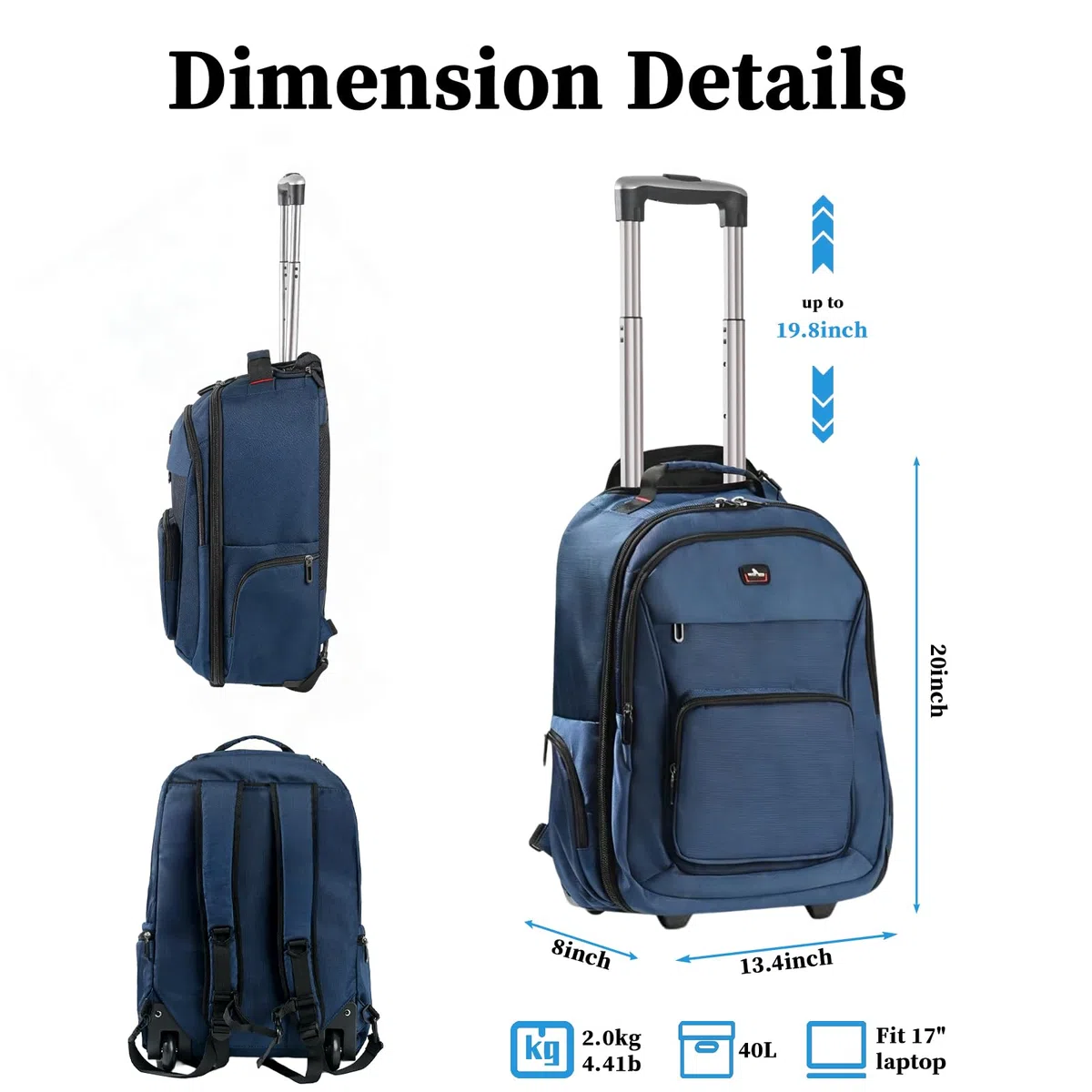 Rucksack mit Rollen, 40L 17.3 Zoll Trolley Handgepäck Laptop Reisetasche mit Rollen Groß Rucksack für Herren Arbeit, College, Blau