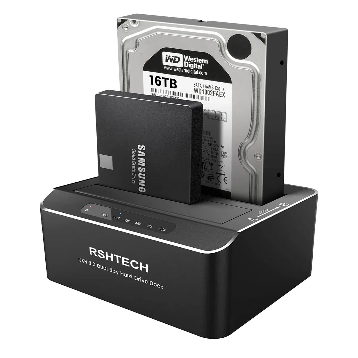 RSHTECH Dualschacht Festplatten Docking Station, USB 3.0 Aluminium Festplatten Dockingstation Offline-Klonen für 2,5 & 3,5 Zoll SATA HDD SSD, unterstützt 2 x 24TB Laufwerke, Werkzeuglose (RSH-DS01)