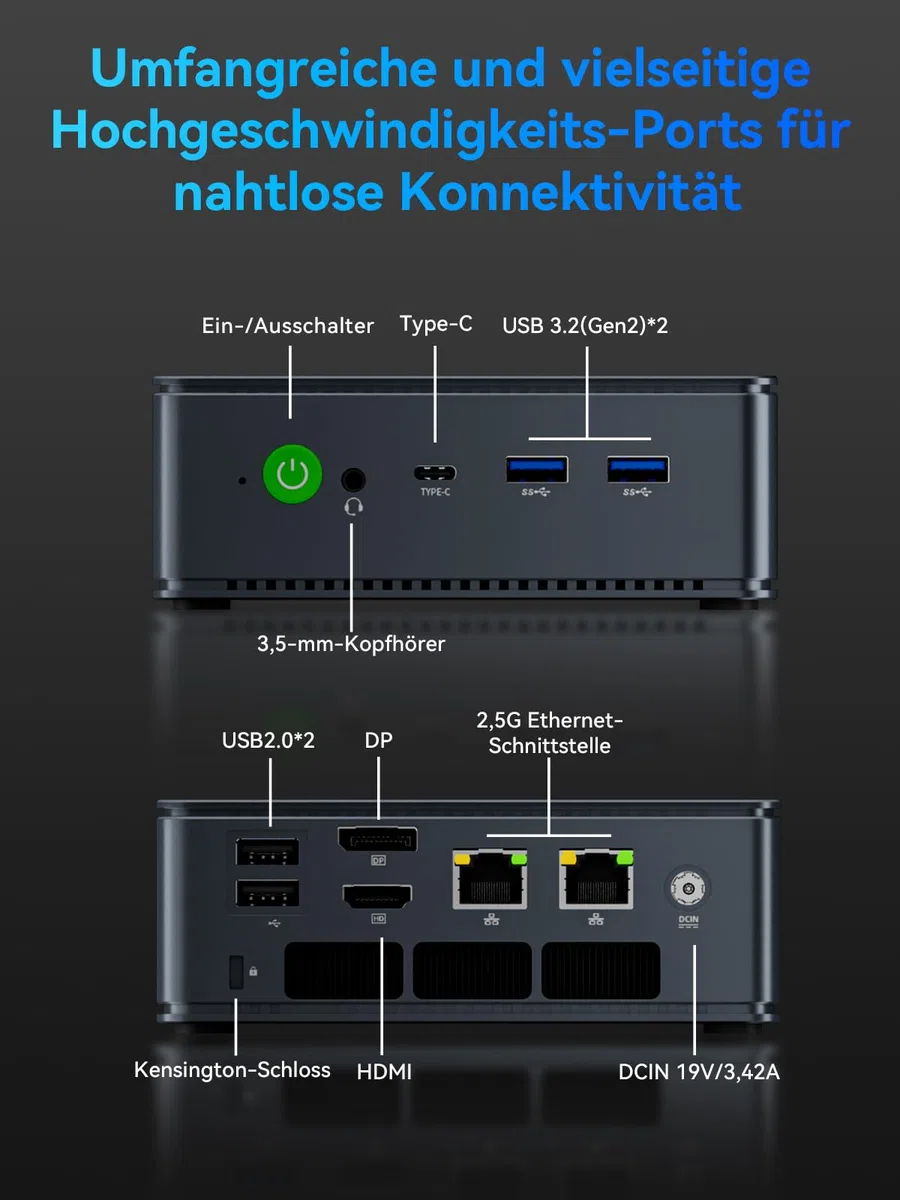 GMKtec AMD Mini PC Ryzen 7 7730U(Schlagen Sie Ryzen 7 5825U) (8 C/16 T4,50 GHz), W-11 Pro 16 GB RAM+512G PCIe-SSD, Dual NIC LAN 2.5GbE, M5 Ultra Mini Computer, WiFi 6E, USB-C, BT 5.2, DP, HDMI 2.0