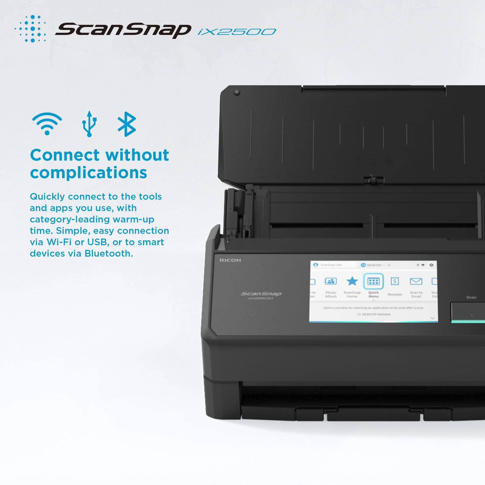 ScanSnap iX2500 Schwarz Dokumentenscanner – Ultraschneller Duplex-Scanner mit 45 S./Min., 100-Blatt-ADF, 600 DPI, 5″ Touchscreen, WLAN/Bluetooth/USB-Konnektivität