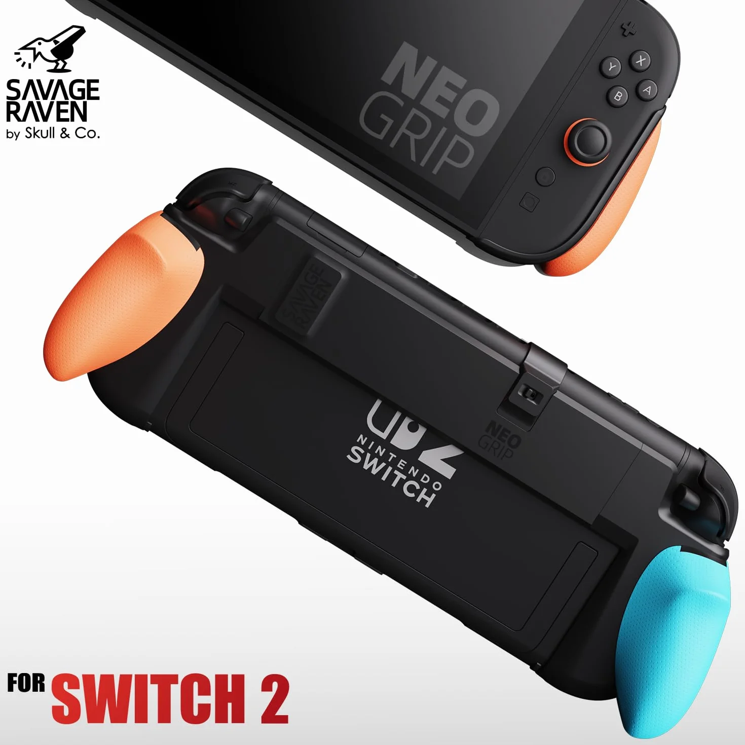 Savage Raven by Skull & Co. NeoGrip Bundle for Nintendo Switch 2: An Ergonomic Grip Hard Shell Handheld Case with Replaceable Grips [to fit All Hands Sizes] [with Carrying Case]- Black