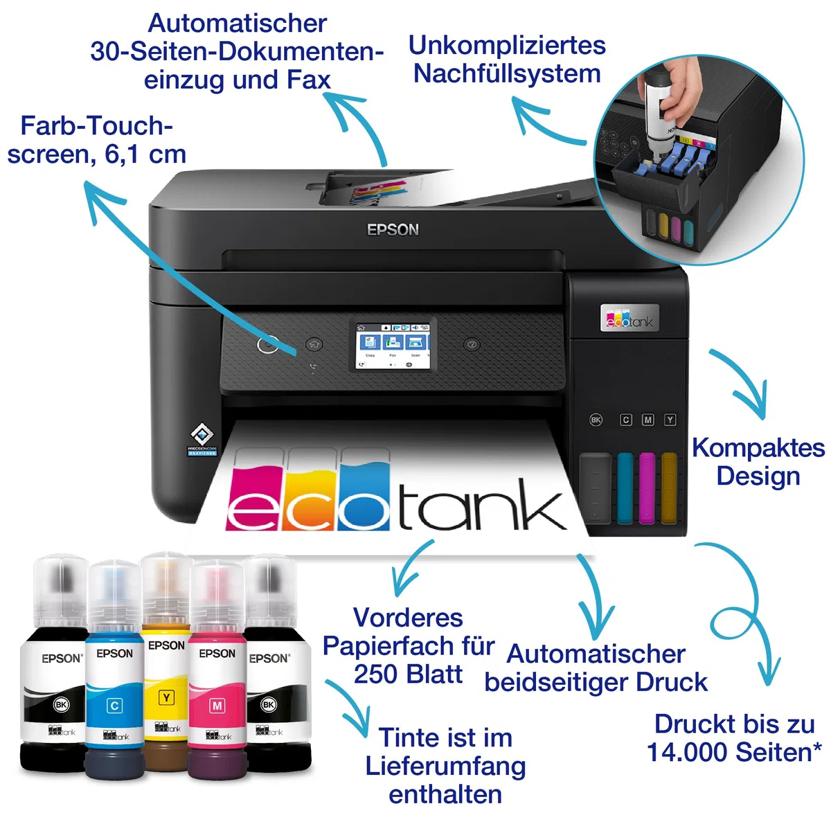 Epson EcoTank ET-4850 A4-Multifunktions-Wi-Fi-Tintentankdrucker, mit einem im Lieferumfang enthaltenen Vorrat an Tinten bis zu 3 Jahren