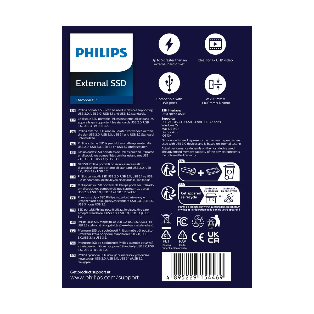 Philips Externe Portable SSD 250 GB - Ultra Slim SATA Ultra Speed USB-C, Lesegeschwindigkeit bis zu 540 MB/s, Aluminium