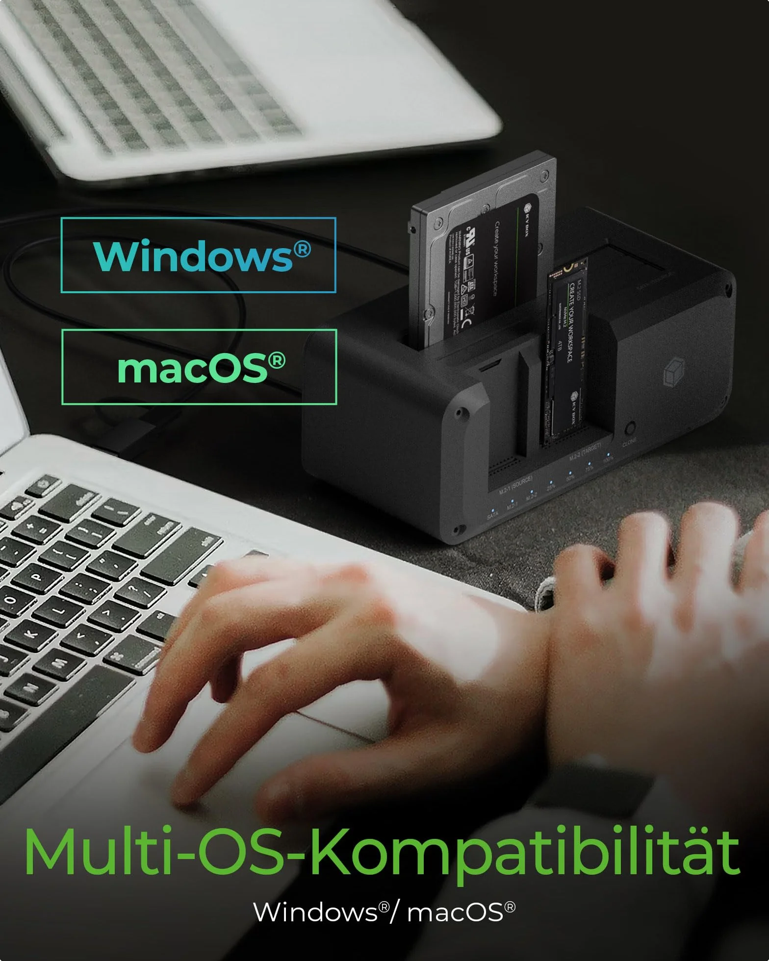 ICY BOX HDD/M.2 NVMe SSD Docking Station USB 3.2 Gen 2 (10 Gbit/s), Festplatten Klonstation & Lesegerät (2,5" & 3,5" SATA auf M.2 NVMe/M.2 NVMe auf M.2 NVMe), Zweiwege Klonen, IB-2924MSCL-C31