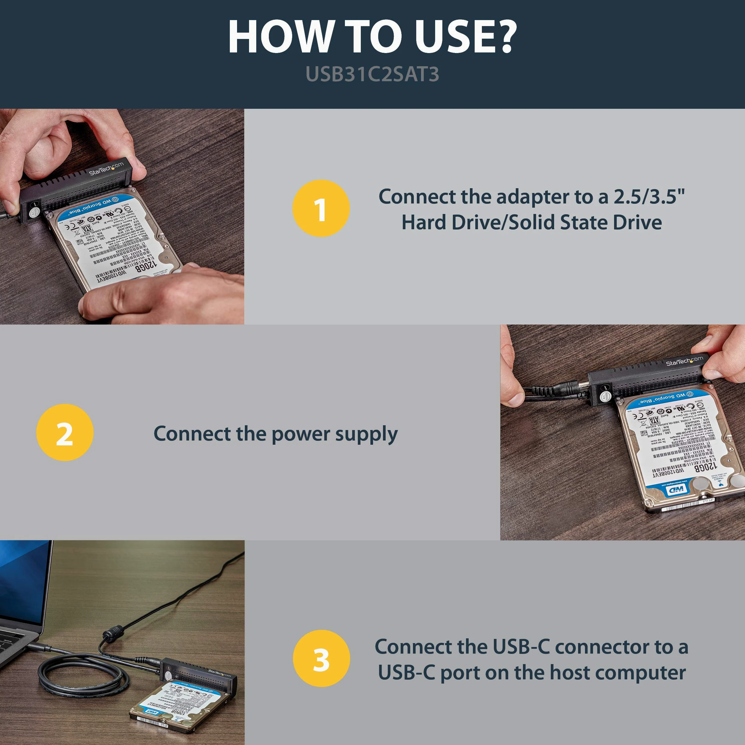 StarTech.com SATA hard drive adapter, Schwarz, USB C | 2.5"/3.5"