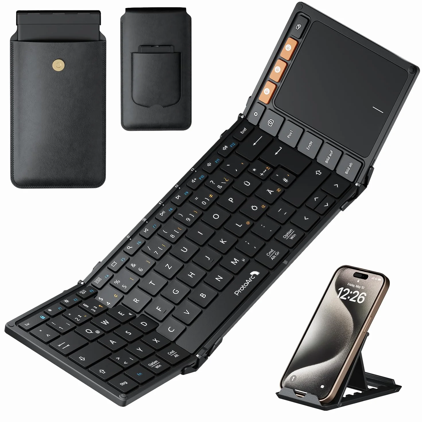 ProtoArc XK01 TP Bluetooth Tastatur Faltbare mit Touchpad, Tastatur Kabellos Klappbare QWERTZ Deutsch mit Groß Trackpad für iPad, iOS, Android, Windows Laptop PC Tablet - Schwarz