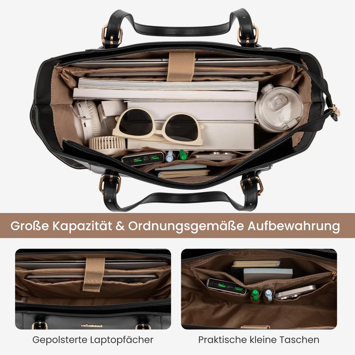 LOVEVOOK Handtasche Damen Groß, PU Leder Arbeitstasche, Laptoptasche, Große Wasserflaschen-Tasche Außen, Lehrertasche, Aktentasche, Stylische Shopper Tasche für Uni, Business, Büro und Reise