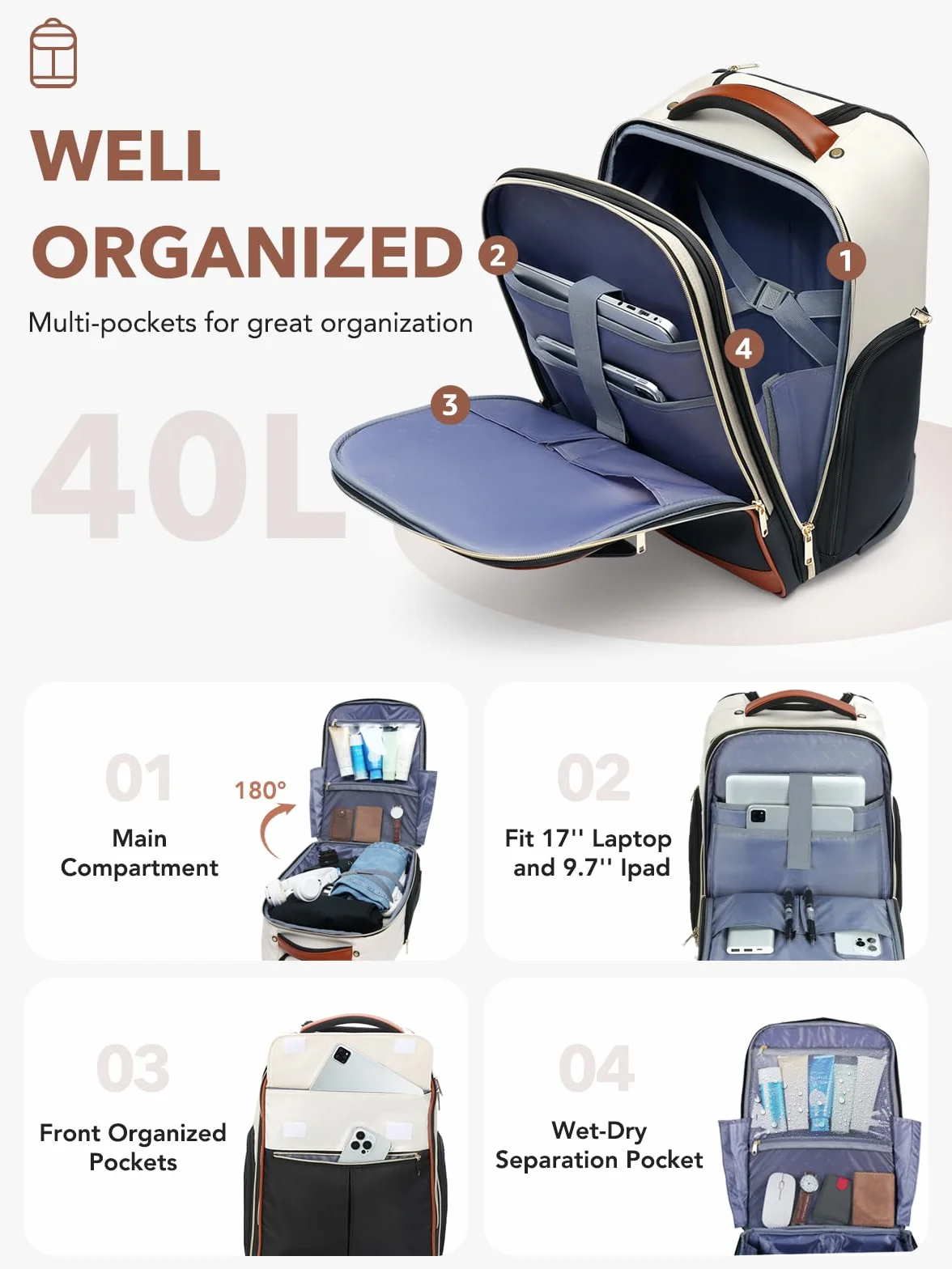 Rollrucksack Damen 17 Zoll Laptop, Rucksack mit Rollen Handgepaeck Underseat Groesse L, 46x32x18 cm, 2 in 1 Trolley Rucksacktrolley Pilotenkoffer, 180 Grad Oeffnung, wasserabweisend, Beige