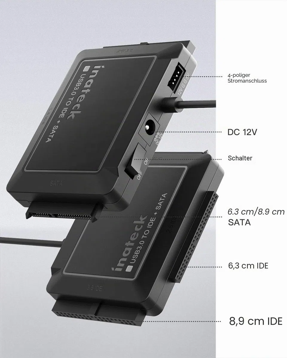 Inateck IDE SATA to USB 3.0 Adapter für 2.5/3.5 Zoll HDD/SSD Festplatten, mit 12V/2A Stromversorgung, SA03001