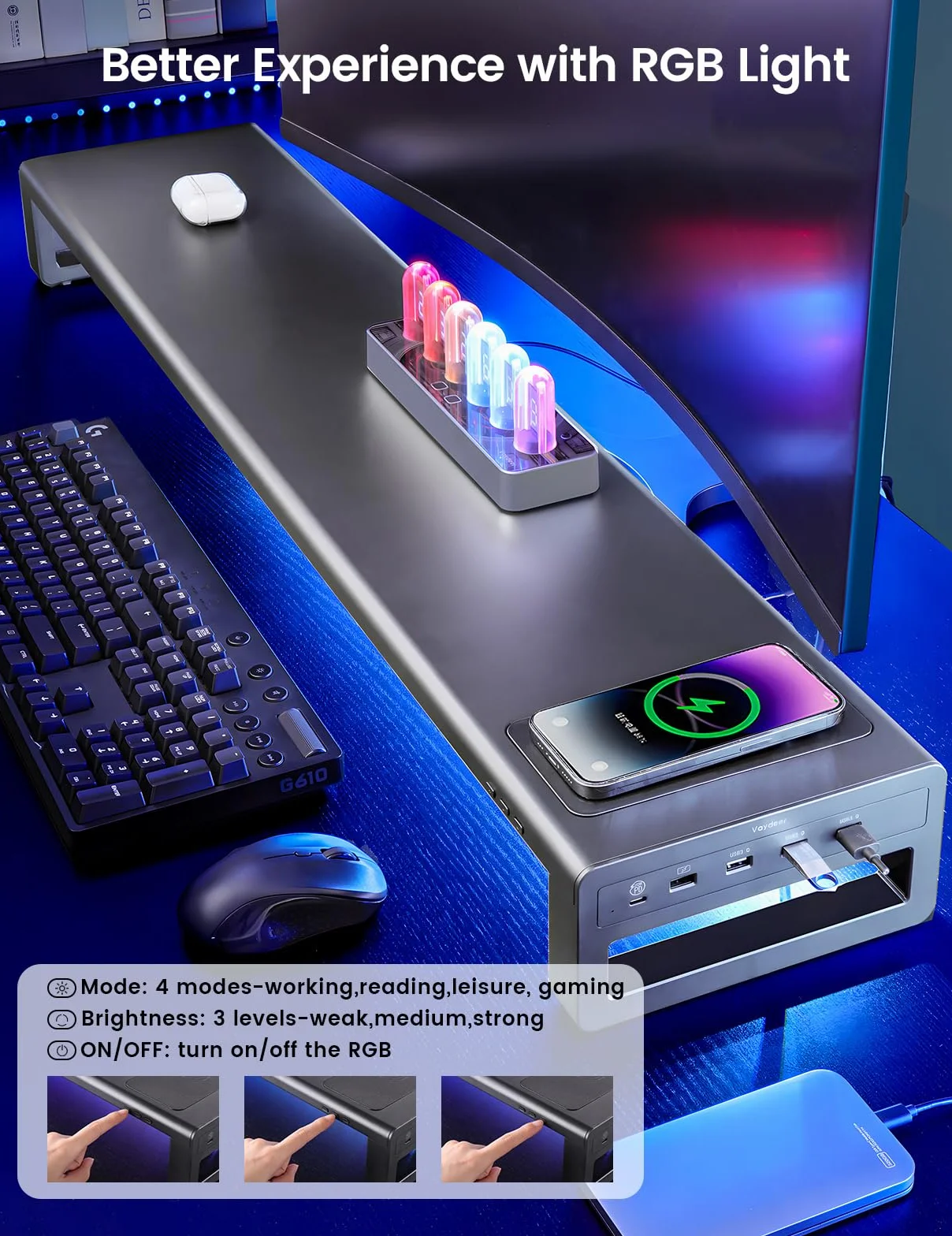 Vaydeer Dual-Monitor-Ständer mit kabelloser Aufladung und 4 USB-Hubs - Metallständer für 2 Monitore - Unterstützt bis zu 32 Zoll - für Computer, Laptop - Schwarz