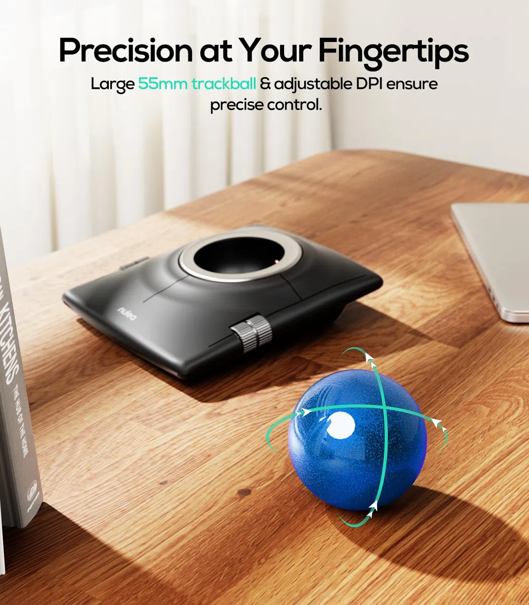 Nulea M512 Wireless Trackball Mouse, Ergonomischer 55mm Trackball, einstellbare DPI für präzise Steuerung, Links- oder Rechtshänder kompatibel Blau