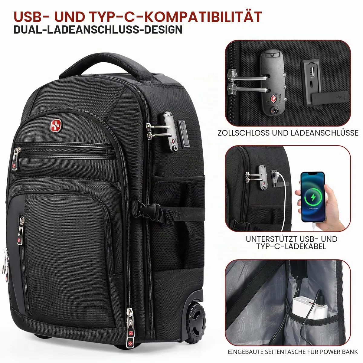 star cloud Rollrucksack mit Rollen, USB- und Typ-C-Ladeanschlüssen, 21 x 14 x 9 cm, Schwarz, 17.3 INCH, Reiserucksäcke