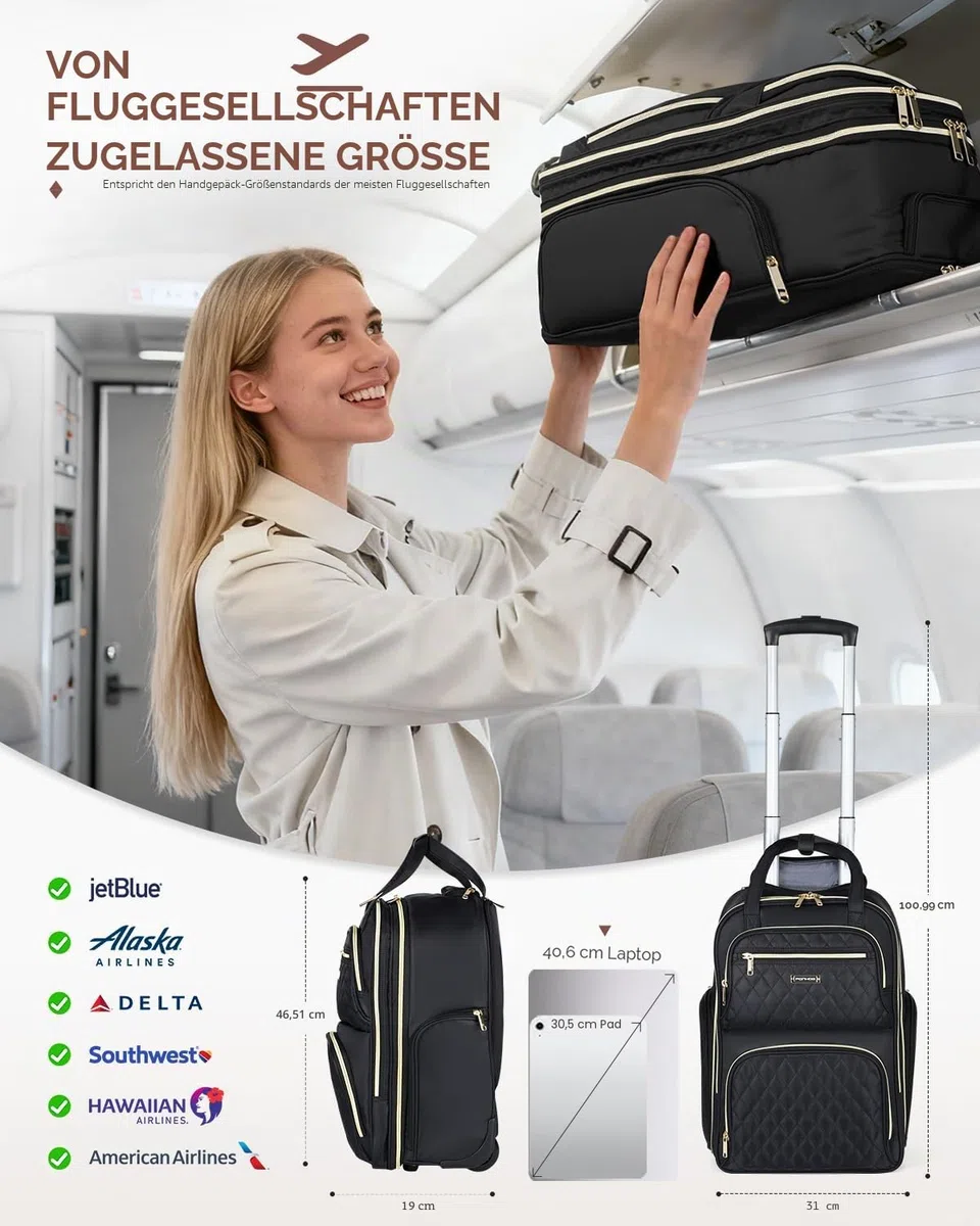 Ponhog Rucksack mit Rollen für Damen - 16 Zoll Business Laptop Trolley & Reiserucksack als Handgepäck, Laptoptasche für Arbeit, College und Reisen, Schwarz
