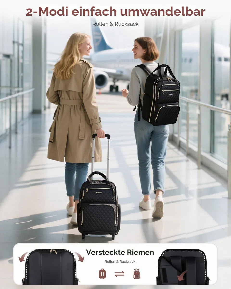Ponhog Rucksack mit Rollen für Damen - 16 Zoll Business Laptop Trolley & Reiserucksack als Handgepäck, Laptoptasche für Arbeit, College und Reisen, Schwarz