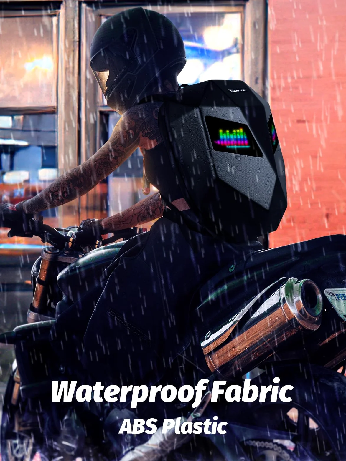 Gelrova LED Rucksäcke mit Programmierbarem Vollfarbbildschirm Motorrad-Rucksack, Dynamisch, APP, Wasserdicht, Unterstützt iOS/Android-System, Text/Bild/Gif-Animation