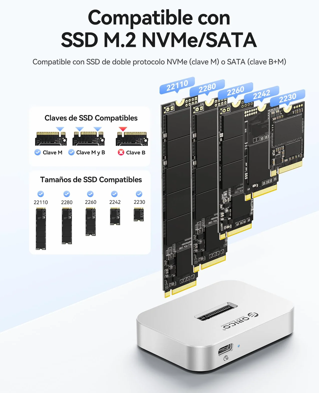 ORICO M.2 NVMe/SATA SSD Gehäuse, USB 3.2 Gen 2 M.2 Festplatten Dockingstation,M.2 NVMe/SATA SSD Adapter, Unterstützt M.2 SSDs der Formate 2230/2242/2260/2280/22110, Kompatibel mit Windows/Mac OS/Linux
