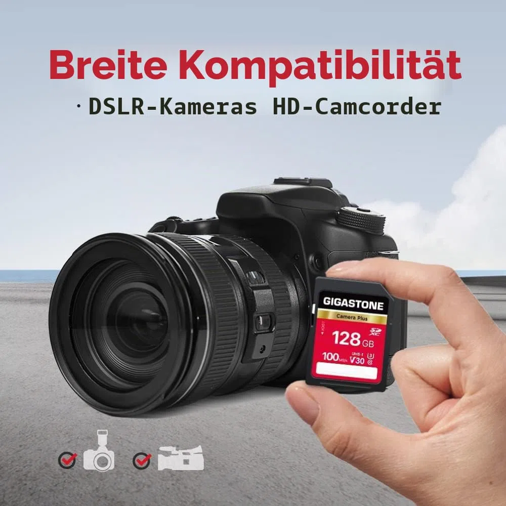 GIGASTONE 128GB SDXC Speicherkarte 2er-Pack, Kamera Plus, bis zu 100 MB/s, für Videoaufnahmen mit Digitalkameras von Canon Olympus, V30 UHS-I U3 Klasse 10