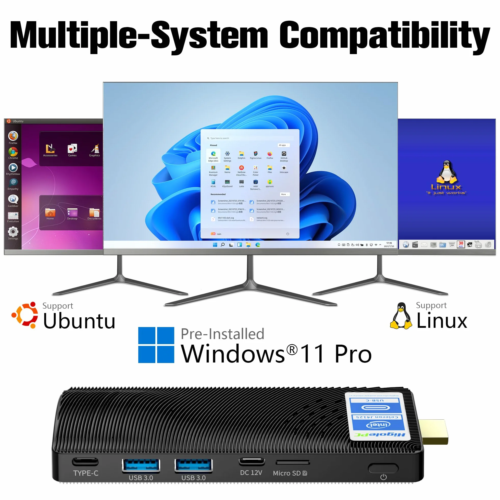 Mini PC Stick Win 11 Pro, Fanless Mini Computer, Celeron J4125 8GB 256GB eMMC 2.7 GHz, USB-C, USB3.0 X 2, RJ45 Gigabit Ethernet 4K 60Hz, WiFi BT 5.2 HDMI 2.0 für Geschäft Zuhause Büro