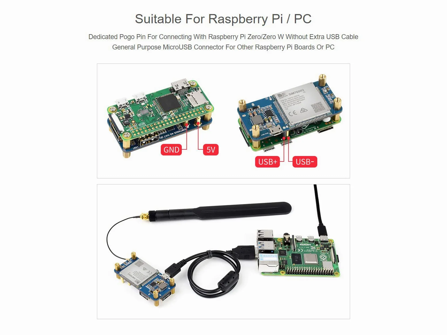 Waveshare SIM7600G-H 4G HAT (B) for Raspberry Pi Supports LTE Cat-4 4G/3G/2G GNSS Positioning Global Band