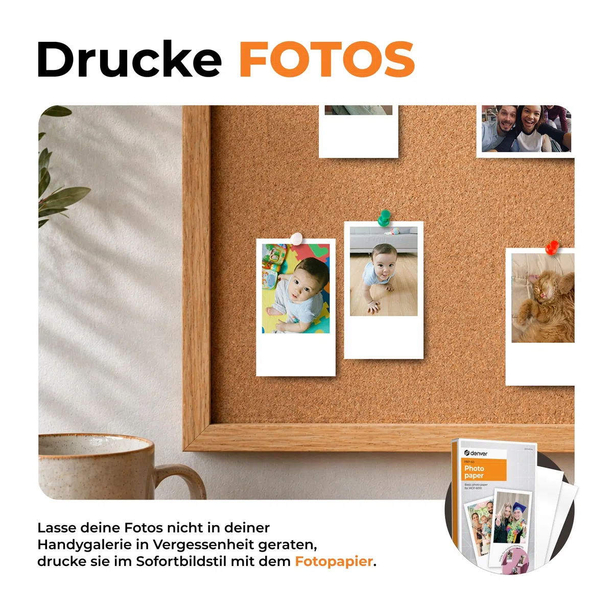 Denver MCP-6010 Mini Fotodrucker für Smartphone, mobiler Farbdrucker mit Bluetooth 5.2, 600 DPI, iOS & Android, tragbarer Fotodrucker mit Akku, inkl. Patrone & 20 Blatt Fotopapier Set