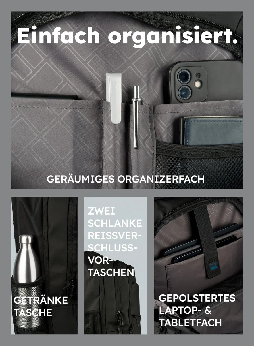 Trolley-Rucksack - Business Laptop- & Tablet-Trolley - Reiserucksack & Handgepäck - wasserabweisend & robust - viele Fächer mit Hauptfach für Kleidung - für Arbeit, Schule, Reisen & Uni