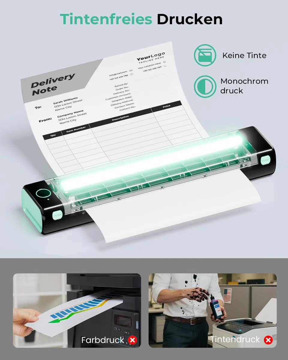 Phomemo M08F Thermodrucker A4 Mobiler Bluetooth Drucker, Tragbarer Wireless Printer für Unterwegs Kompatibel Android iOS, Thermopapier Drucker, Schwarz Grün