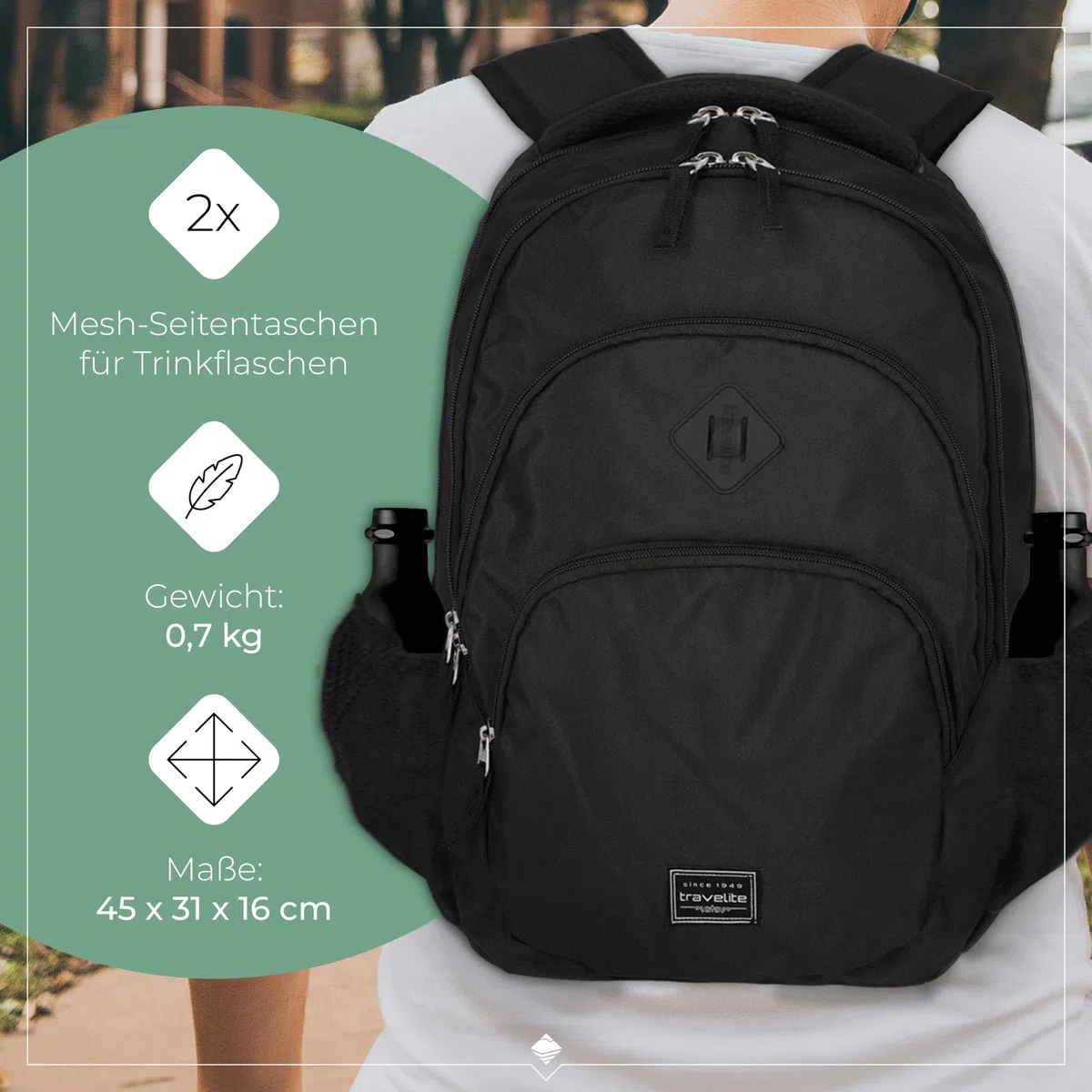 Travelite Handgepäck Rucksack, Laptop Rucksack 15,6 Zoll, BASICS, Daypack, Tagesrucksack mit vielen Fächern, 45 cm, 22 Liter