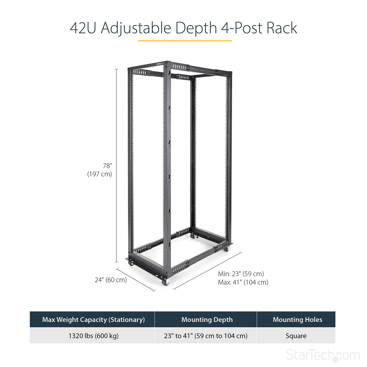 StarTech.com 4-Pfosten 42 HE Mobiles Open Frame Serverrack, 19" Netzwerk Rack mit Rädern, Rack für Computer/AV/Daten/IT Geräte - Rollen, Nivellierfüße oder Bodenmontage (4POSTRACK42)