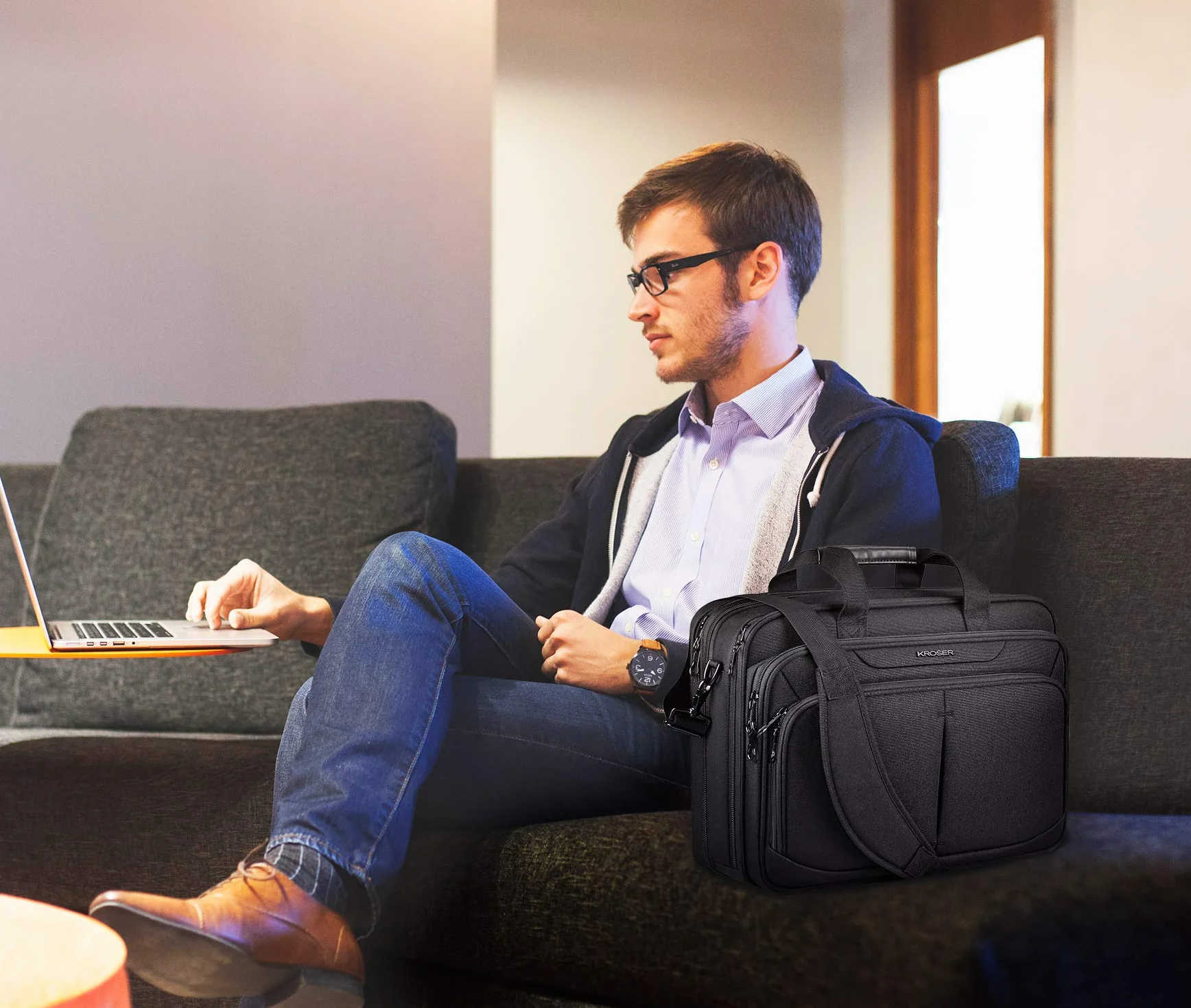 KROSER LaptopTasche 18" Upgrade Erweiterbare Leichte Aktentasche für 17,3" Laptop Premium Arbeitstasche Wasserdichte Umhängetasche mit RFID-Taschen für Schule/Reisen/Frauen/Männer-Schwarz MEHRWEG