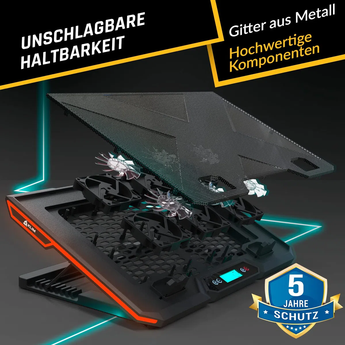 KLIM Glacier Laptop Kühler - Fans Laptops Kühler Stand mit RGB-Hintergrundbeleuchtung - 11" - 17" - Gaming Laptop Lüfter - USB Powered - Stabil und leise - Für PC, Mac, Xbox One, PS4