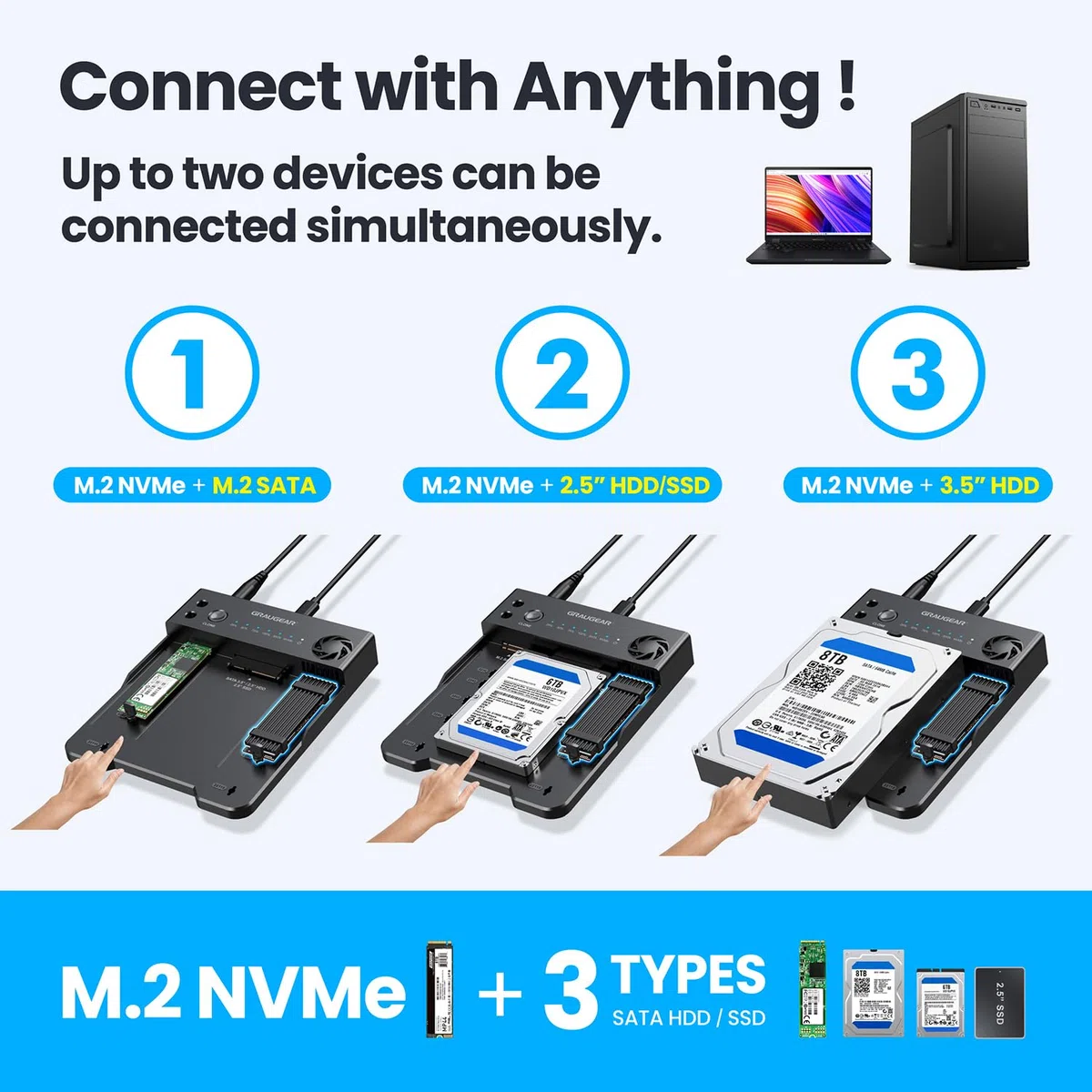 GRAUGEAR Bidirektionale Clone Station für M2 NVMe SSD M.2, SATA SSD, 2,5"/3,5" Festplatte [Bidirektional Klonen] Docking Station I NVMe Klonstation I Externe SSD I Festplatten Dockingstation I Lüfter