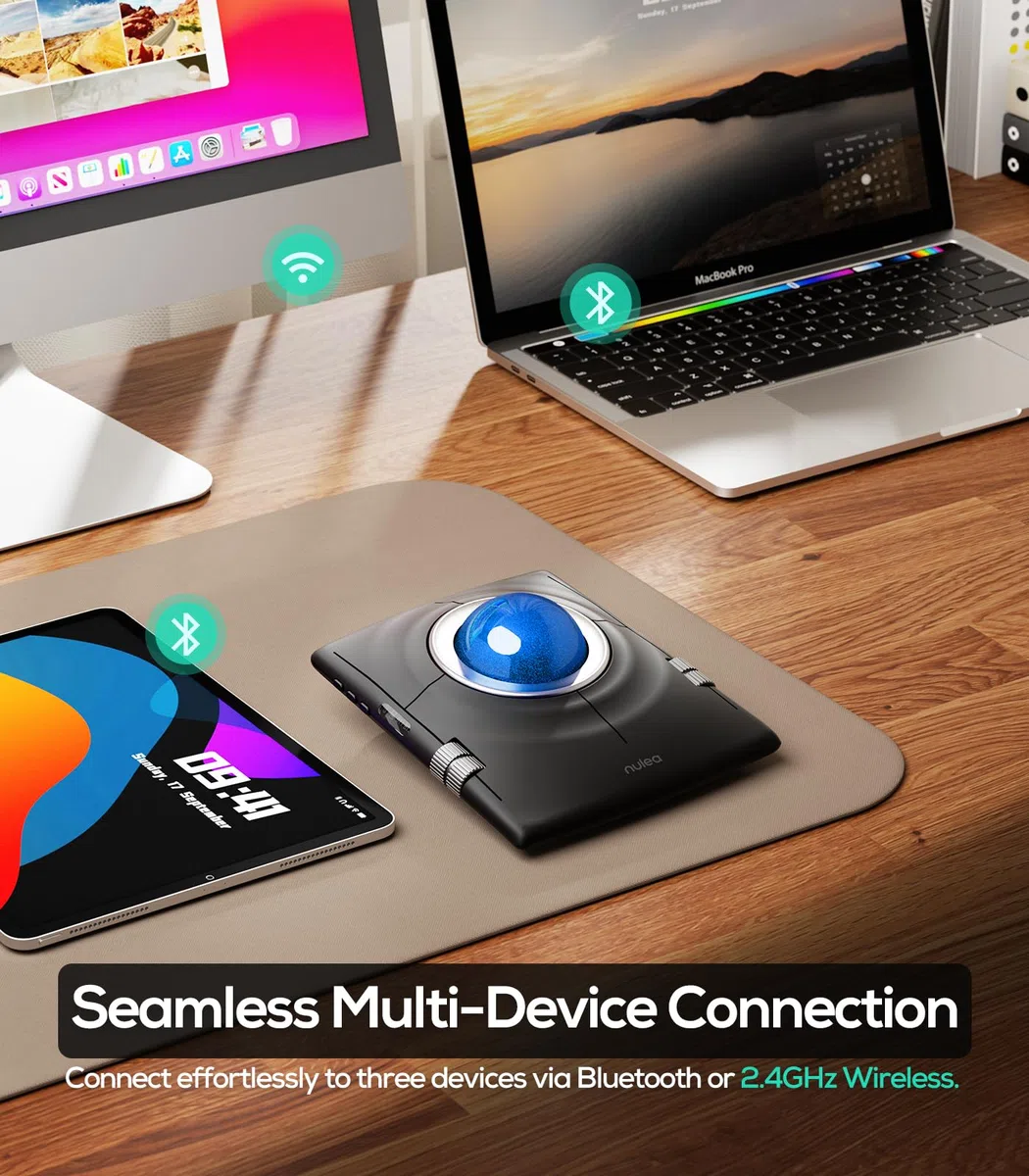 Nulea M512 Wireless Trackball Mouse, Ergonomischer 55mm Trackball, einstellbare DPI für präzise Steuerung, Links- oder Rechtshänder kompatibel Blau