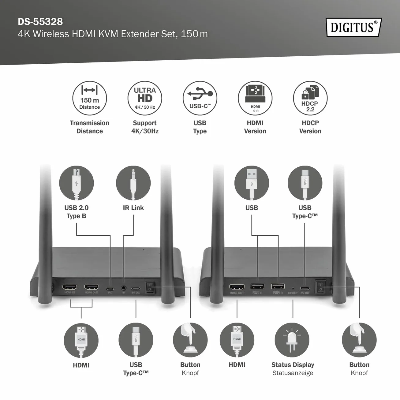 DIGITUS DS-55328 Wireless HDMI KVM Extender Splitter (1x4) – UHD 4K 30 Hz – 150 m Reichweite – Set aus Transmitter und Receiver – Loop-Out, IR Infrarot – HDMI 2.0 und HDCP 2.2