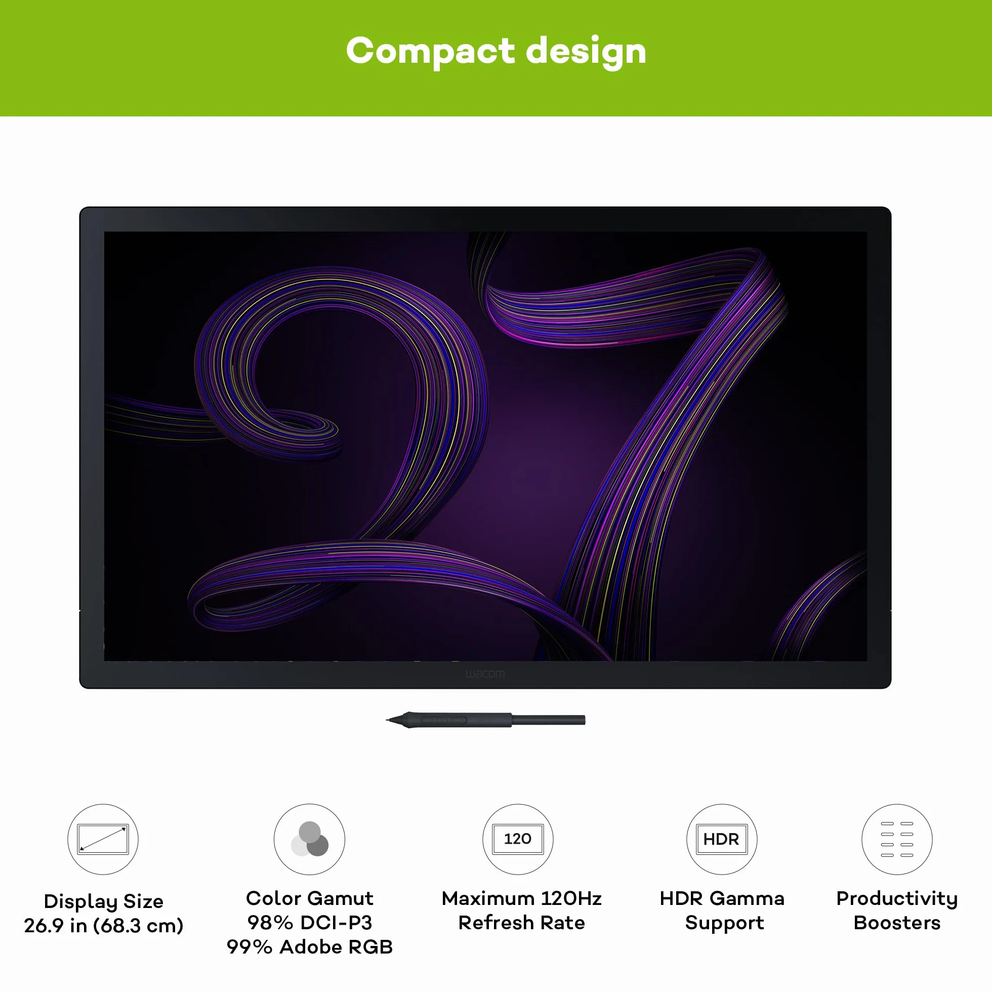 Wacom Cintiq Pro 27 Grafiktablett ohne Standfuß (4k-Auflösung, 26,9-Zoll-Display, HDR-Gamma, Pantone Validated, 99 % Adobe RGB, Neuer, drucksensitiver Pro Pen 3, Multi-Touch) Black