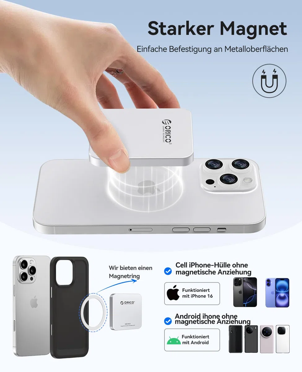 ORICO 512GB Magnetische Externe SSD, 4K ProRes HDR Aufzeichnung und Speicherung, Portable SSD bis zu 2000 MB/s, Nur Kompatibel mit iPhone 15/16 Series, Smartphone, Computer mit Typ-C Anschluss K20Mini