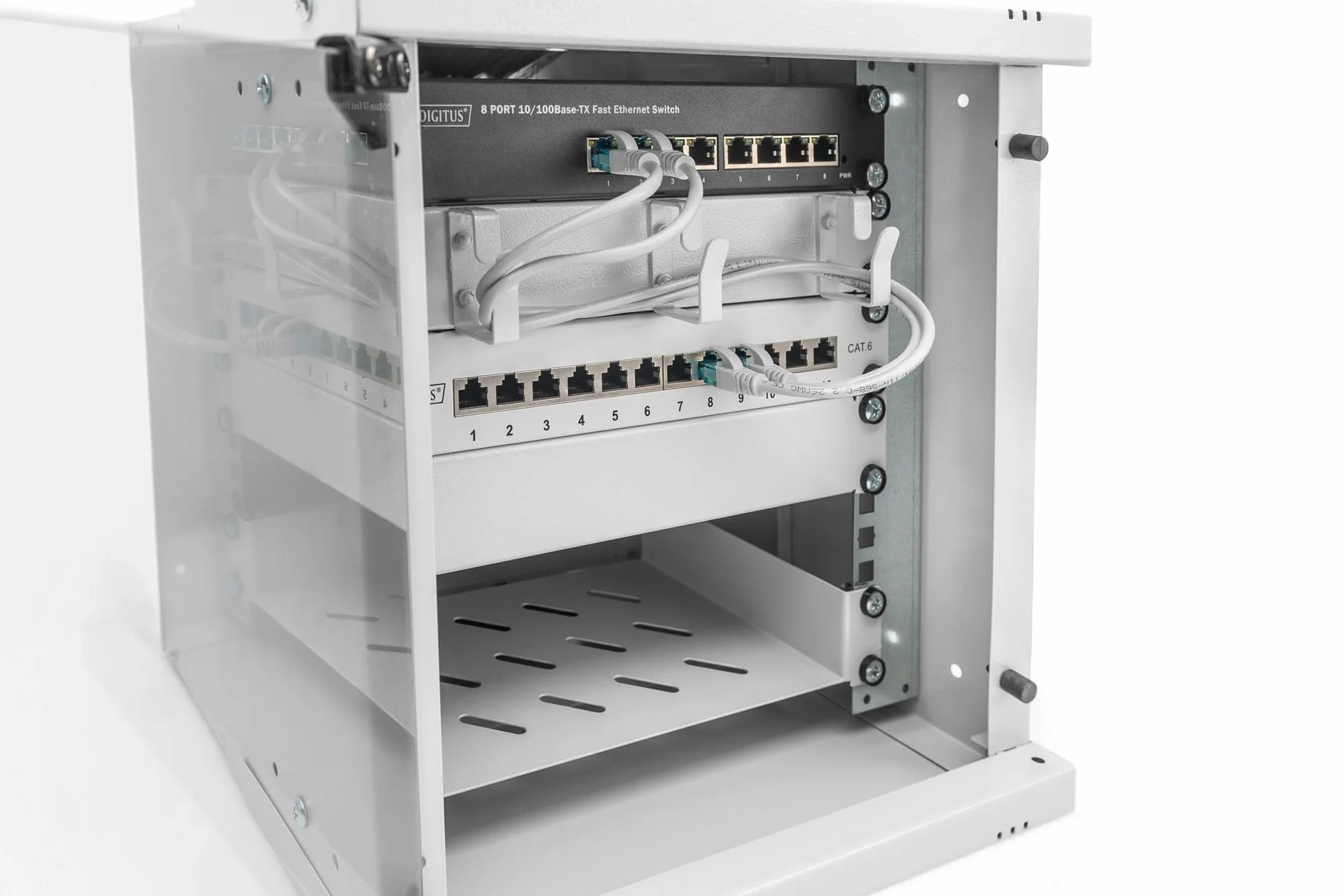DIGITUS Netzwerkschrank – 10 Zoll 6HE – Unmontiert – SOHO PRO – Grau | 254 mm Nutztiefe – 325 x 315 x 300 mm HxBxT – Traglast 30 kg – Wandmontage – Glastür