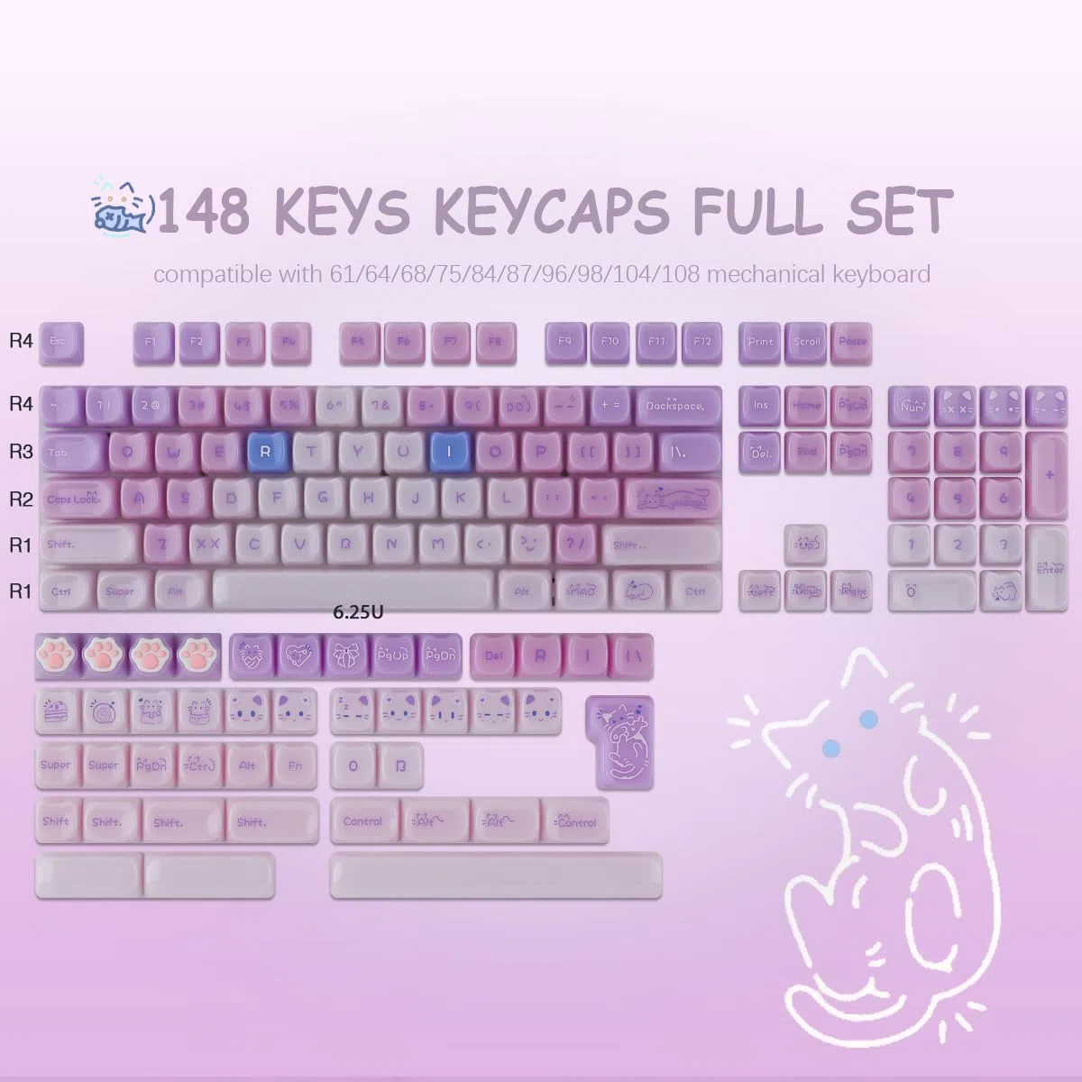 Ceramic Jade Purple Cat Keycaps, 148 Keys Translucent Creamy Jelly Cute Keycaps Mao Profile Custom Keycap for Cherry Gateron MX Swithes Mechanical Keyboards