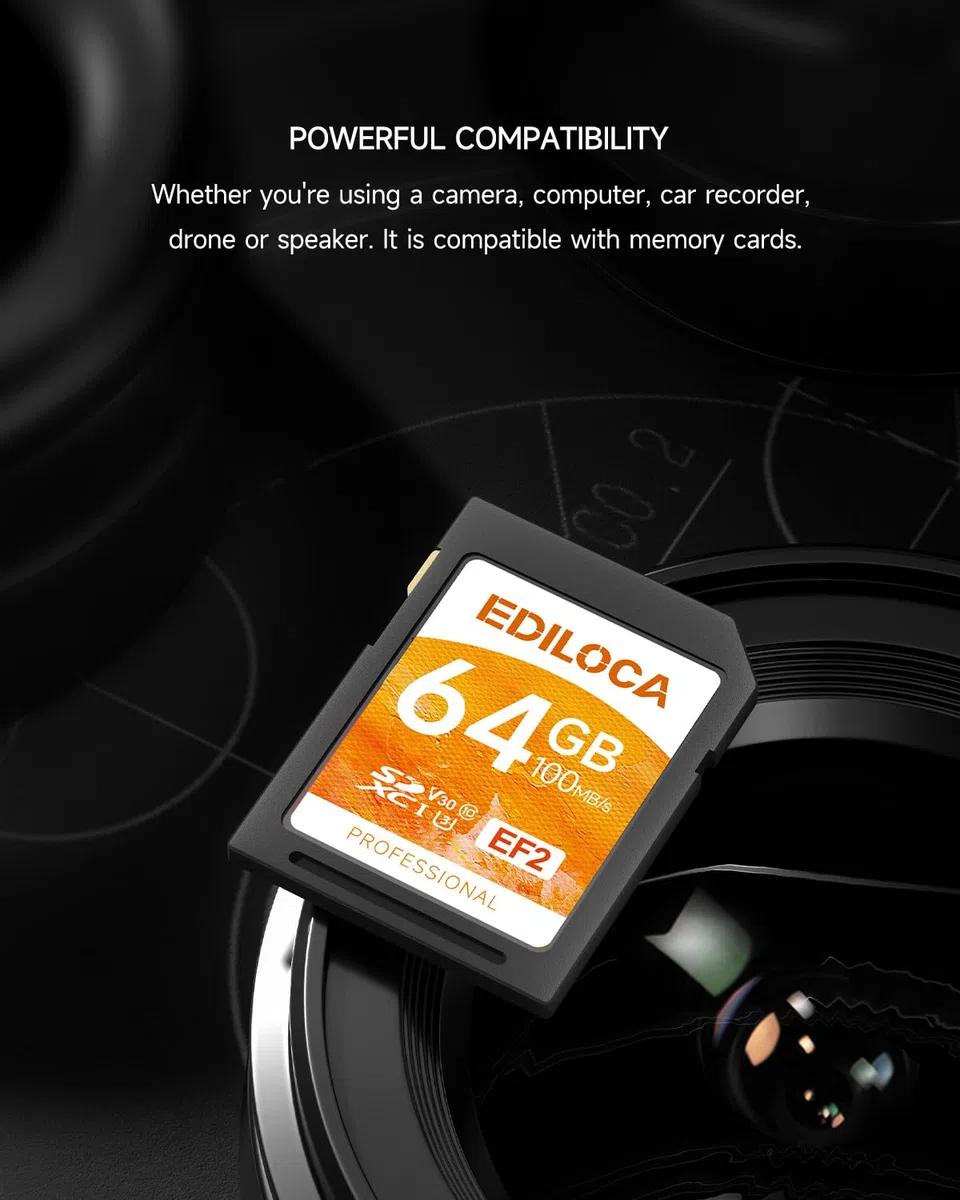 Ediloca EF2 UHS-I Speicherkarte 64GB 4er-Pack, Lesen 100MB/s, Schreiben 45MB/s, C10, U3, V30, Full-HD und 4K-Video, SD-Karte für professionelle Fotografen
