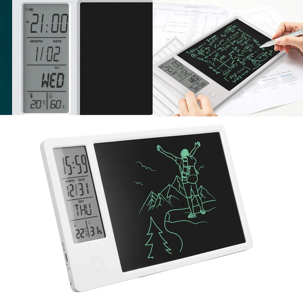 LCD-Schreibtablette mit Stift, elektronischer Desktop-Kalender, wiederaufladbarer Notizblock mit Digital- und Alarmfunktion
