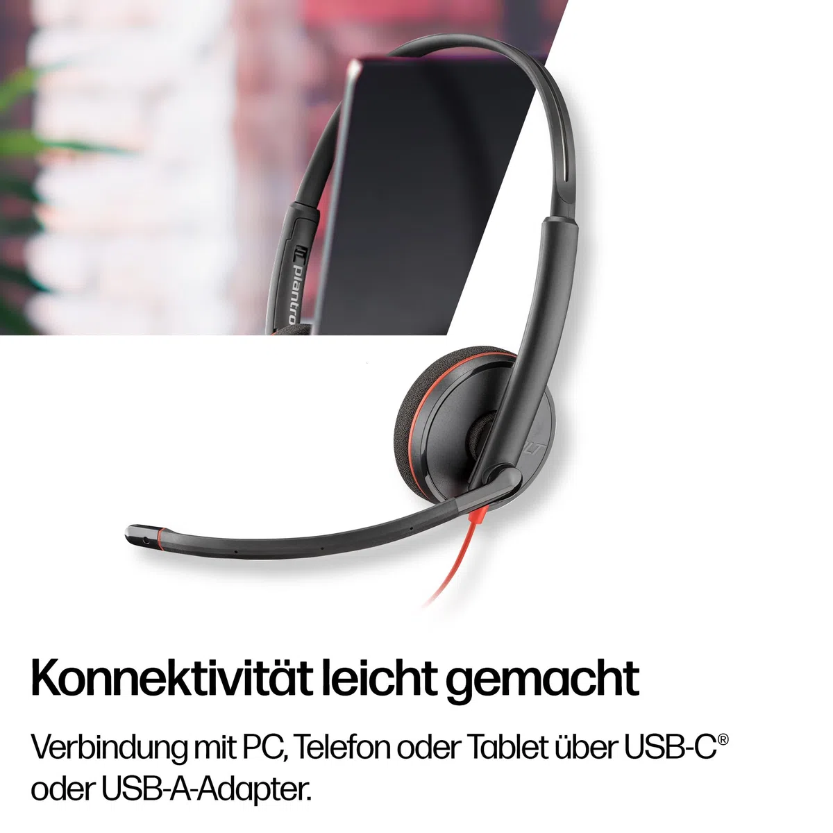 Poly Blackwire 3220 schnurgebundenes USB-C-Headset, Noise Cancelling-Mikrofon, Stereo-Design, Verbindung mit PC/Mac über USB-C oder USB-A, Kompatibel mit Teams/Zoom, SoundGuard-Technologie