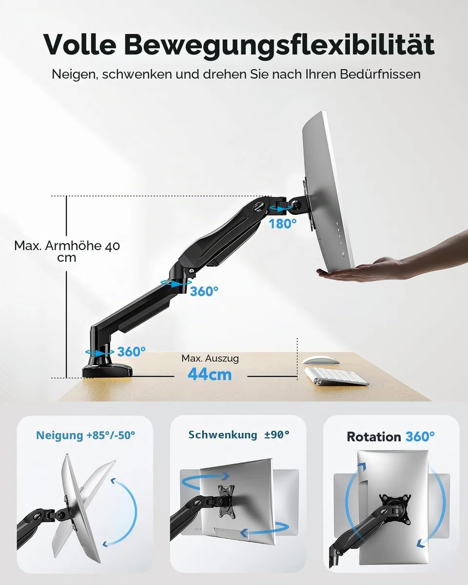 HUANUO Monitor Halterung für 13 bis 32 Zoll Bildschirme, Einzelner Monitorarm Ständer Hält 2~9 kg, Höhenverstellbare mit Neigungen, Schwenken, Dreht, VESA 75 & 100 mm