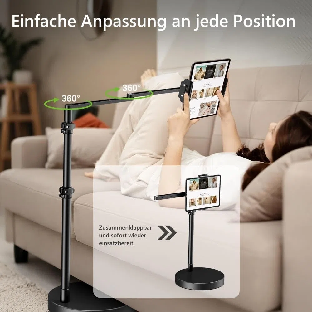elitehood Verstellbarer iPad Bodenständer mit Schwerlast-Standfuß, 61 cm Horizontaler Langer Arm Tablet Ständer Halterung für Bett & Sofa – Kompatibel mit iPad mini/Air/Pro 12.9" und 4.7-13" Geräten