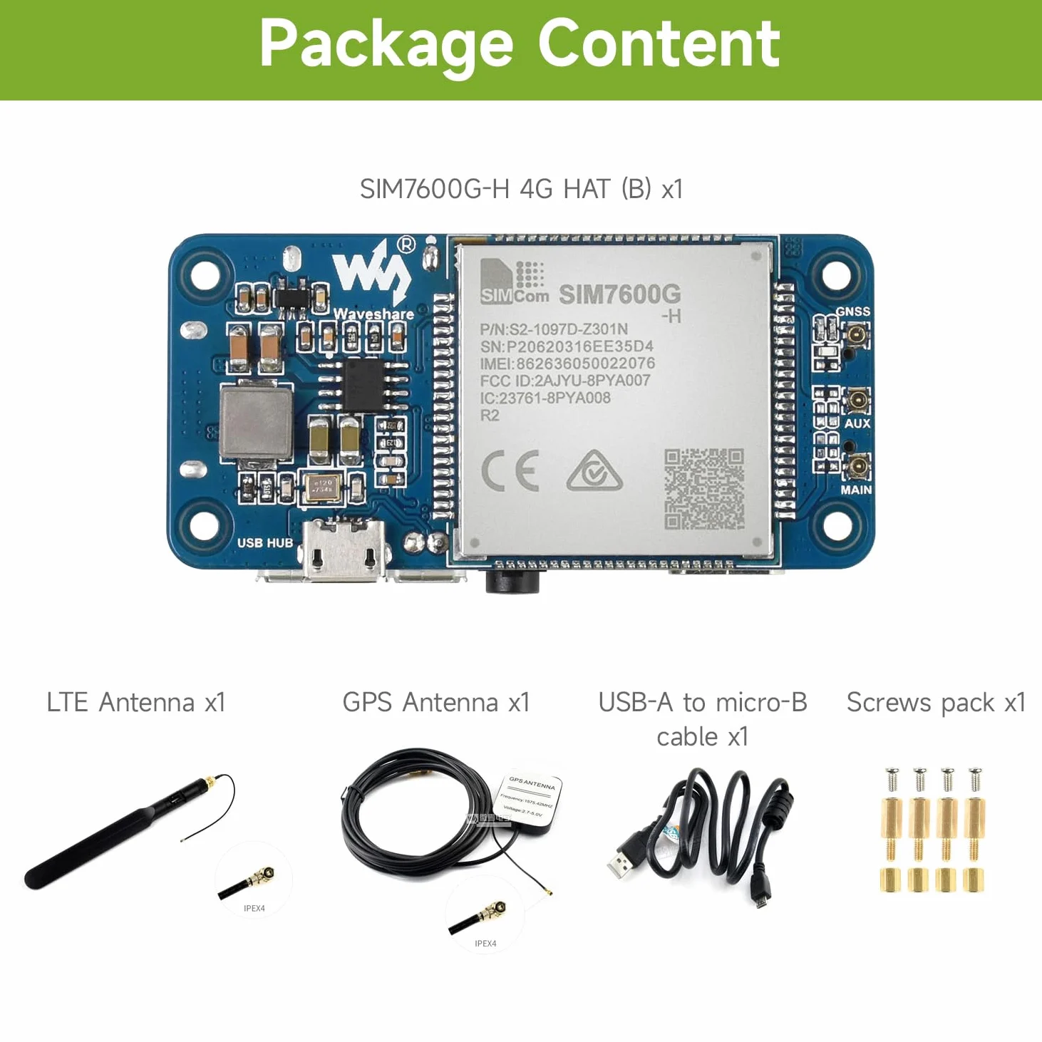 Waveshare SIM7600G-H 4G HAT (B) for Raspberry Pi Supports LTE Cat-4 4G/3G/2G GNSS Positioning Global Band