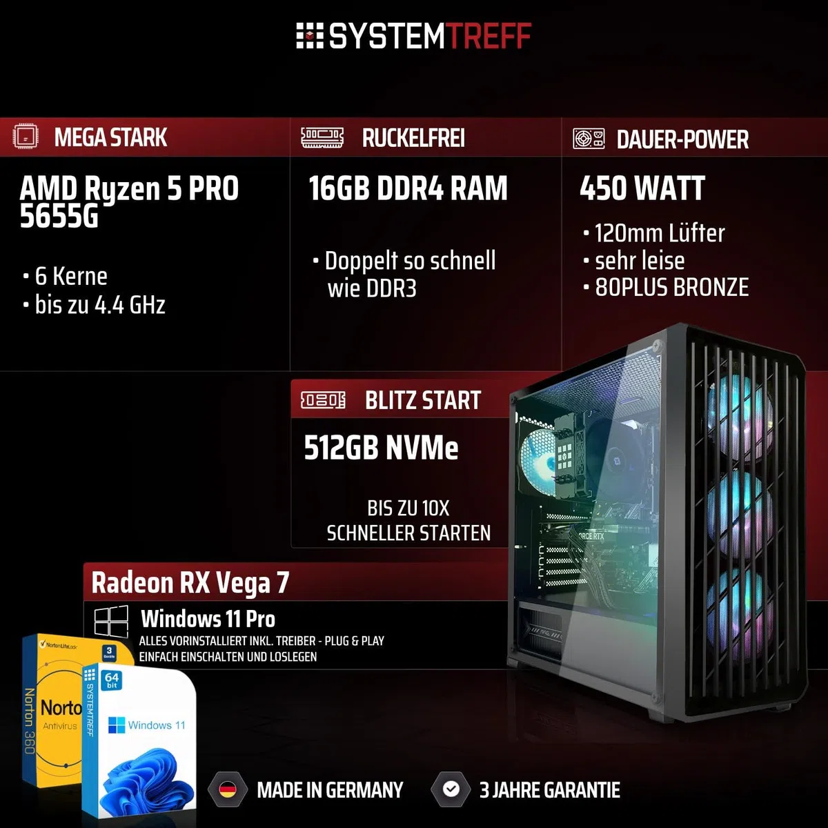 SYSTEMTREFF Basic Gaming Komplett PC Set AMD Ryzen 5 PRO 5655G 6x4.4GHz | AMD RX Vega 7 4K | 512GB M.2 NVMe | 16GB DDR4 RAM | WLAN Desktop Paket Computer für Gamer, Gaming
