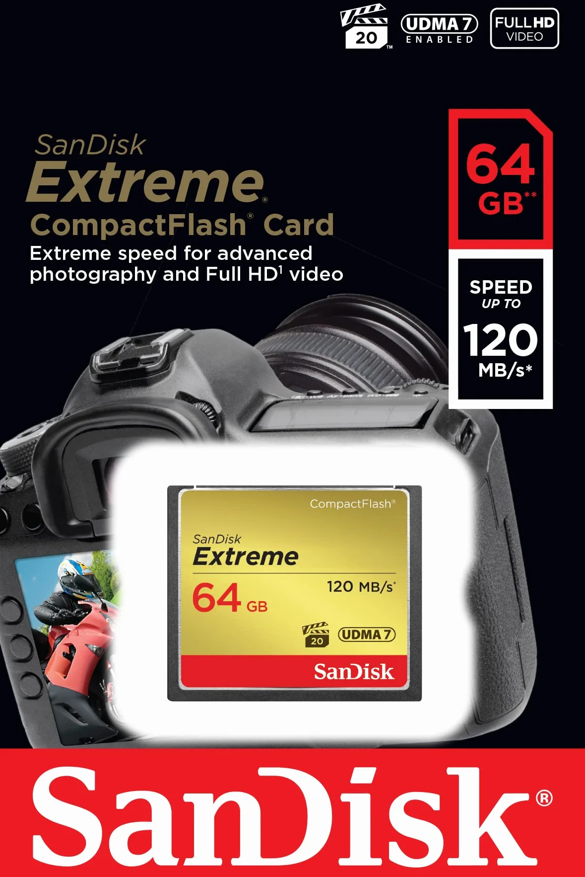 SANDISK Extreme CompactFlash Speicherkarte 64 GB (Für DSLR-Kameras, UDMA7, Schreiben mit 85 MB/s, Übertragen mit 120 MB/s, VPG-20 für Full-HD-Video)