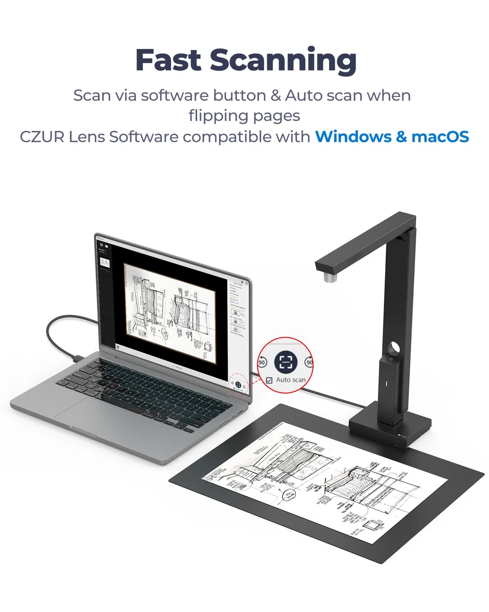 CZUR Lens 8MP tragbar Dokumentenscanner A4 Scanner mit OCR Dokumentenkamera | Faltbarer mobiler Scanner für Mac und Win, mit LED-Licht und MIC, OCR 180+ Sprache, als Webcam & Visualizer, Schnellscan A4