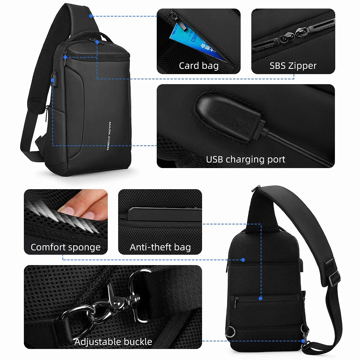 Muzee Umhängetasche，wasserdichter Crossbody Rucksack ，Diebstahlsicherung Rucksack mit mehreren Taschen，lässiger Herrenrucksack (für 10,5-Zoll-iPad)