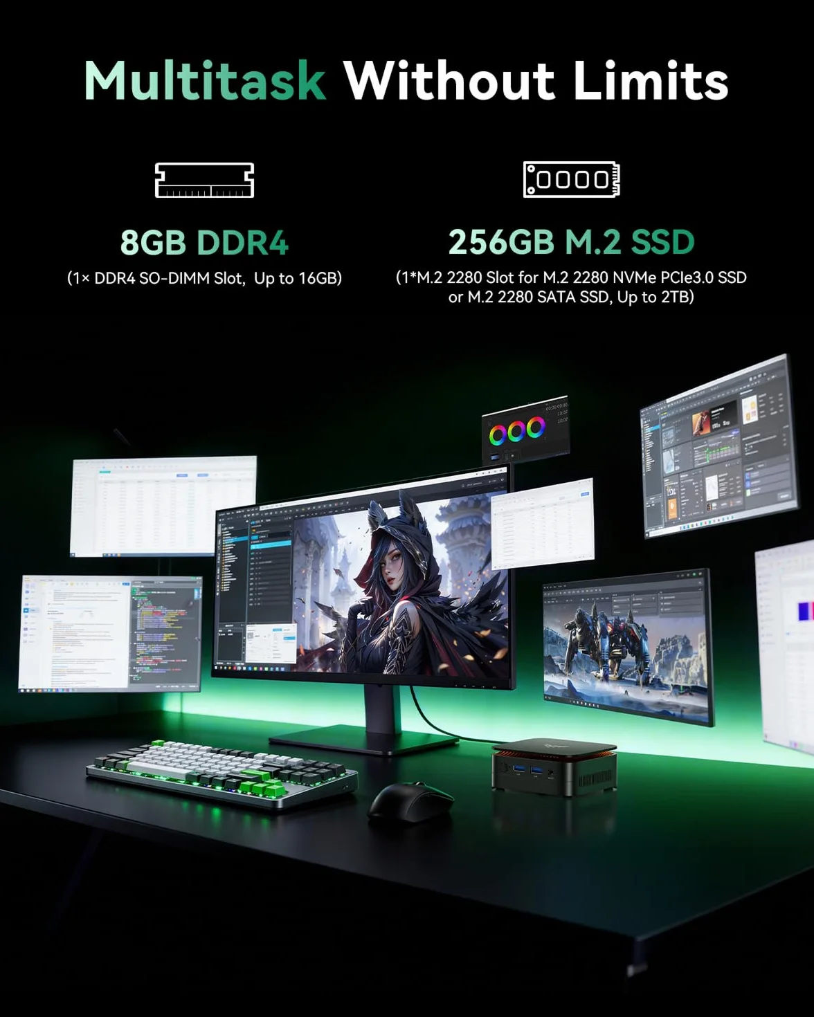 NiPoGi Essenx E1 Mini PC AΜD 3150U W-11 Pro(2C/4T, bis zu 3,3 GHz) 8GB DDR4 RAM+256GB SSD(bis zu 2 TB) 4K@60Hz Dual Display HDMI 2.0+DP 1.4/Wi-Fi 5/BT 4.2/LAN, Desktop-PC für Büro/Bildung/Multimedia